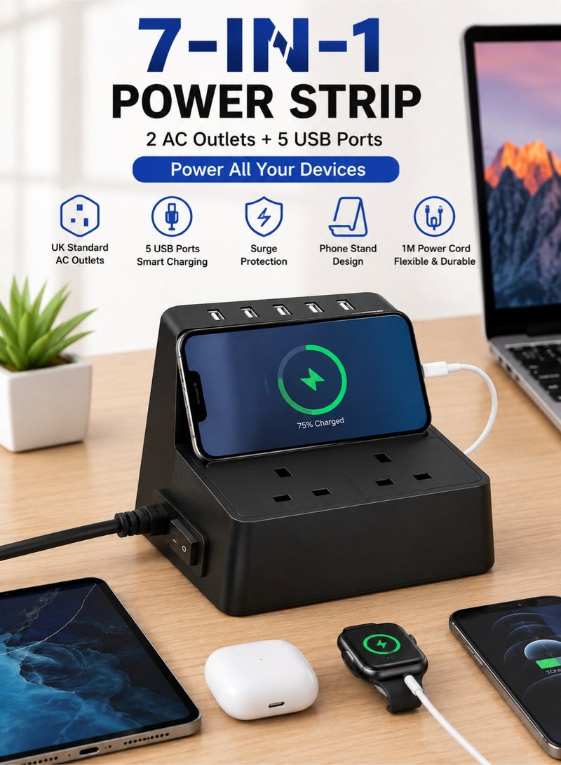 Orico UK Standard Power Strip Extension with 2 AC Outlets & 5 USB Ports, Surge Protection Multi Plug Charging Station, 1M Cable, Desktop Phone Stand for Home Office Travel - Image 1