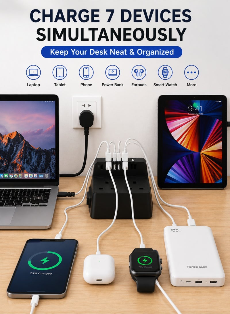 Orico UK Standard Power Strip Extension with 2 AC Outlets & 5 USB Ports, Surge Protection Multi Plug Charging Station, 1M Cable, Desktop Phone Stand for Home Office Travel - Image 2