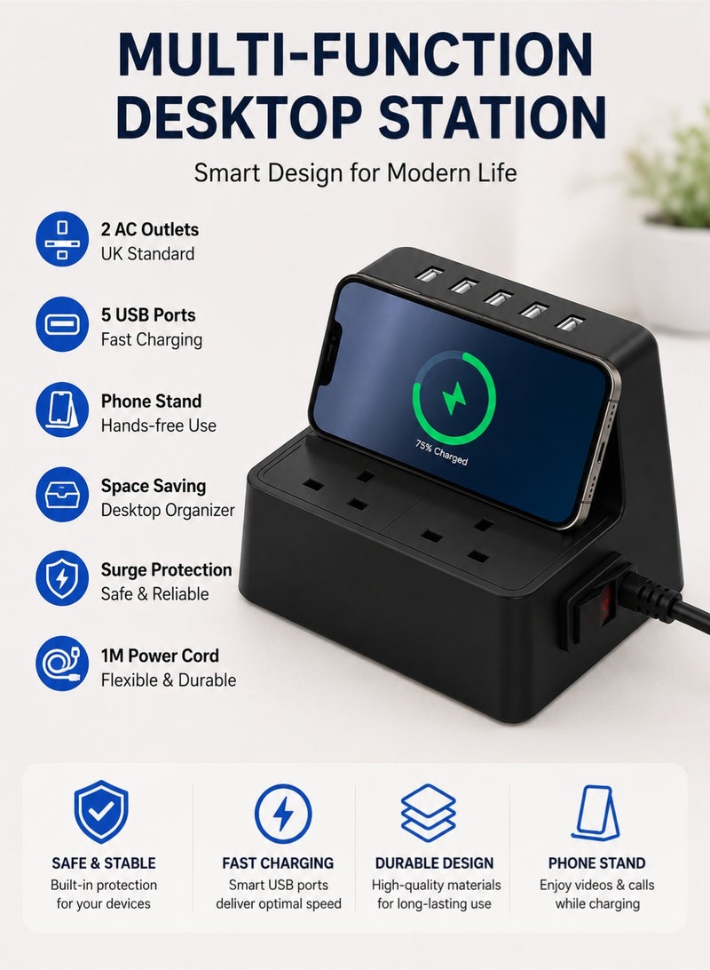 Orico UK Standard Power Strip Extension with 2 AC Outlets & 5 USB Ports, Surge Protection Multi Plug Charging Station, 1M Cable, Desktop Phone Stand for Home Office Travel - Image 3