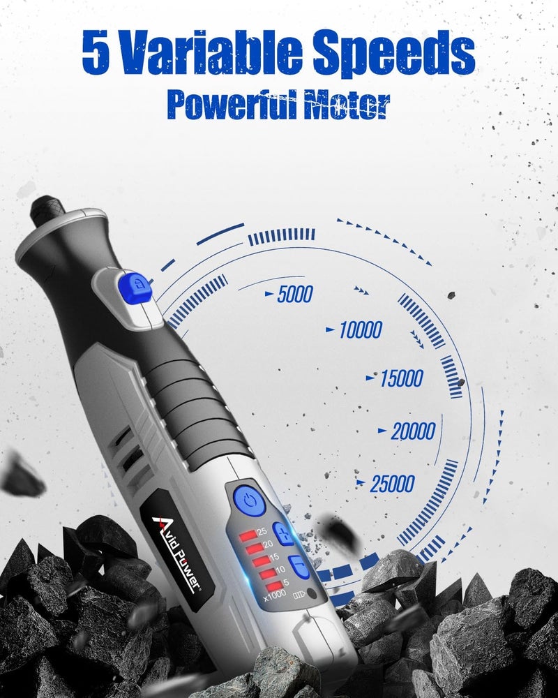 AVID POWER Cordless Rotary Tool 2.0 Ah 8V Rechargeable Rotary Tool, 4 Front LED Lights, 5 Speeds, 60 Pcs Rotary Accessories with Bag for Carving, Engraving, Sandng, Polishing and Cutting - Grey - Image 3