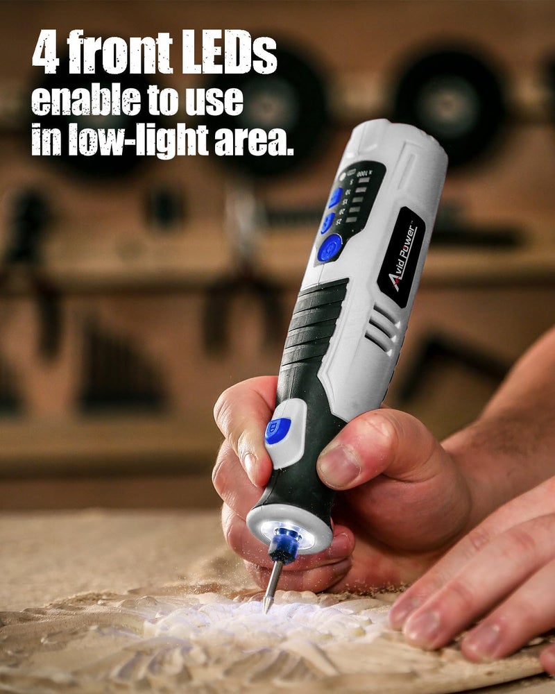 AVID POWER Cordless Rotary Tool 2.0 Ah 8V Rechargeable Rotary Tool, 4 Front LED Lights, 5 Speeds, 60 Pcs Rotary Accessories with Bag for Carving, Engraving, Sandng, Polishing and Cutting - Grey - Image 5