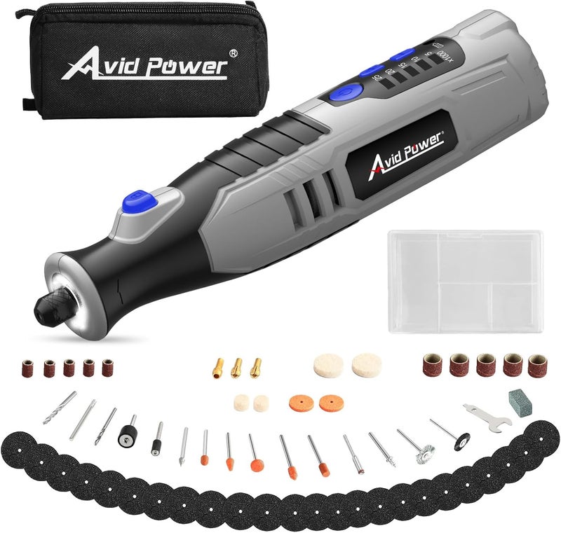 AVID POWER Cordless Rotary Tool 2.0 Ah 8V Rechargeable Rotary Tool, 4 Front LED Lights, 5 Speeds, 60 Pcs Rotary Accessories with Bag for Carving, Engraving, Sandng, Polishing and Cutting - Grey - Image 1