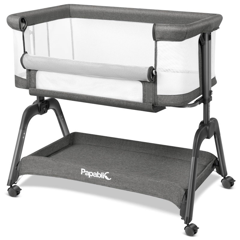 Papablic Baby Bassinet, Bedside Bassinet for Baby with Four-Sided Breathable Mesh & Soft Mattress, Adjustable Bassinet Bedside Sleeper with Storage Basket and Wheels, Easy to Assemble, Gray - Image 1