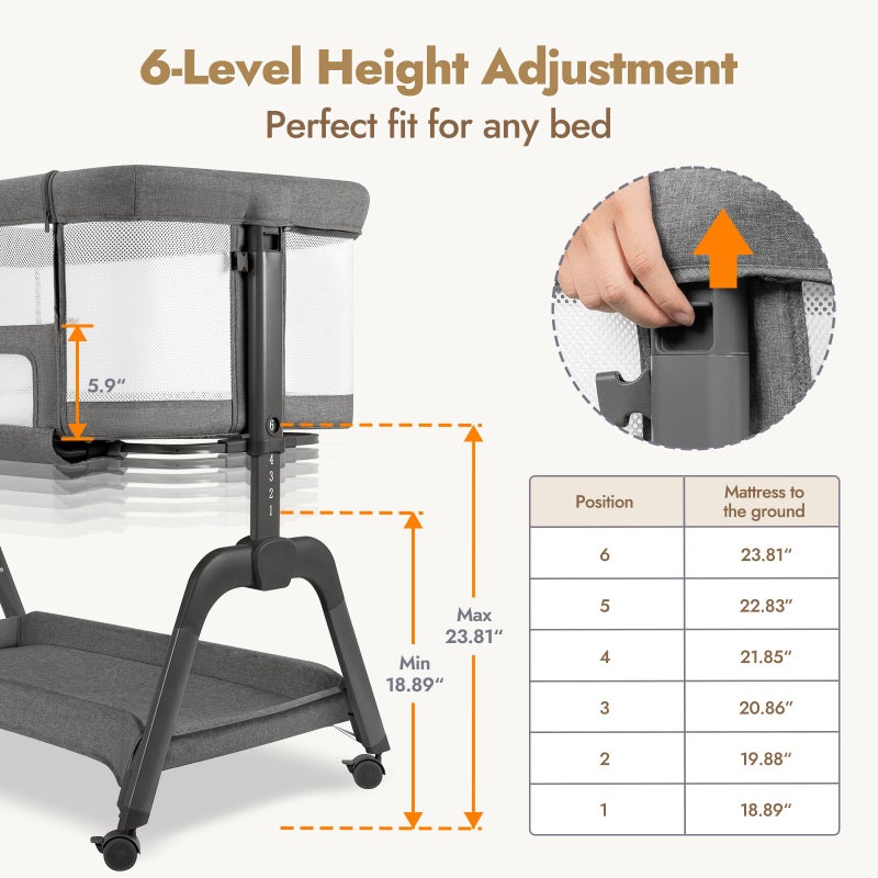 Papablic Baby Bassinet, Bedside Bassinet for Baby with Four-Sided Breathable Mesh & Soft Mattress, Adjustable Bassinet Bedside Sleeper with Storage Basket and Wheels, Easy to Assemble, Gray - Image 5