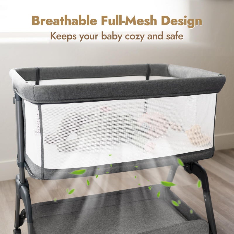 Papablic Baby Bassinet, Bedside Bassinet for Baby with Four-Sided Breathable Mesh & Soft Mattress, Adjustable Bassinet Bedside Sleeper with Storage Basket and Wheels, Easy to Assemble, Gray - Image 3
