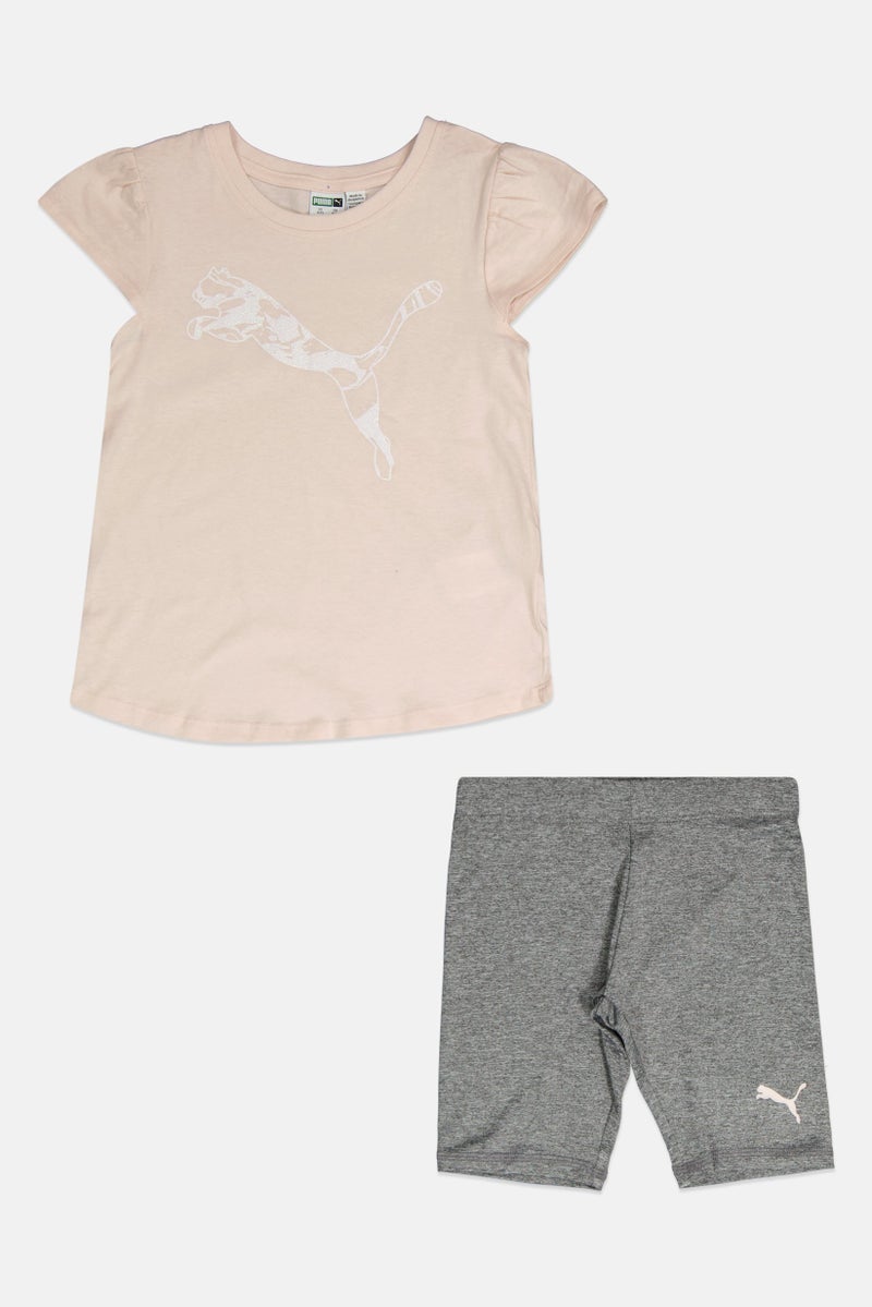 PUMA Kids Girl 2Pcs Brand Logo Tops And Shorts Set, Light Pink - Image 1