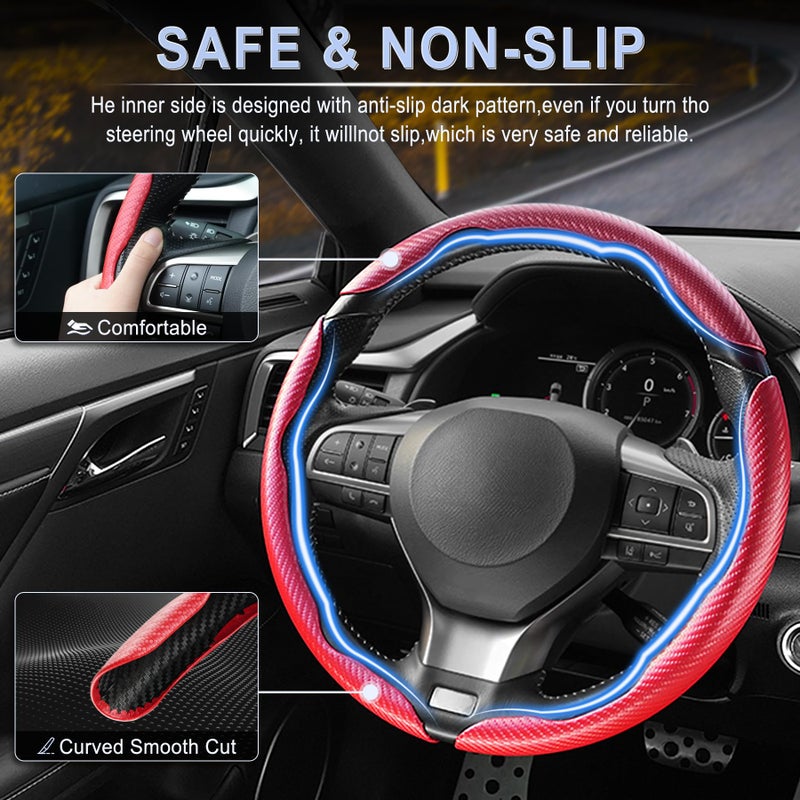 Amiss 3pcs Carbon Fiber Anti-Skid Steering Wheel Cover, Waterproof & Segmented Butterfly Design, Universal 99% Vehicle Wheel Cover Protector, Car Interior Accessories, Red - Image 3