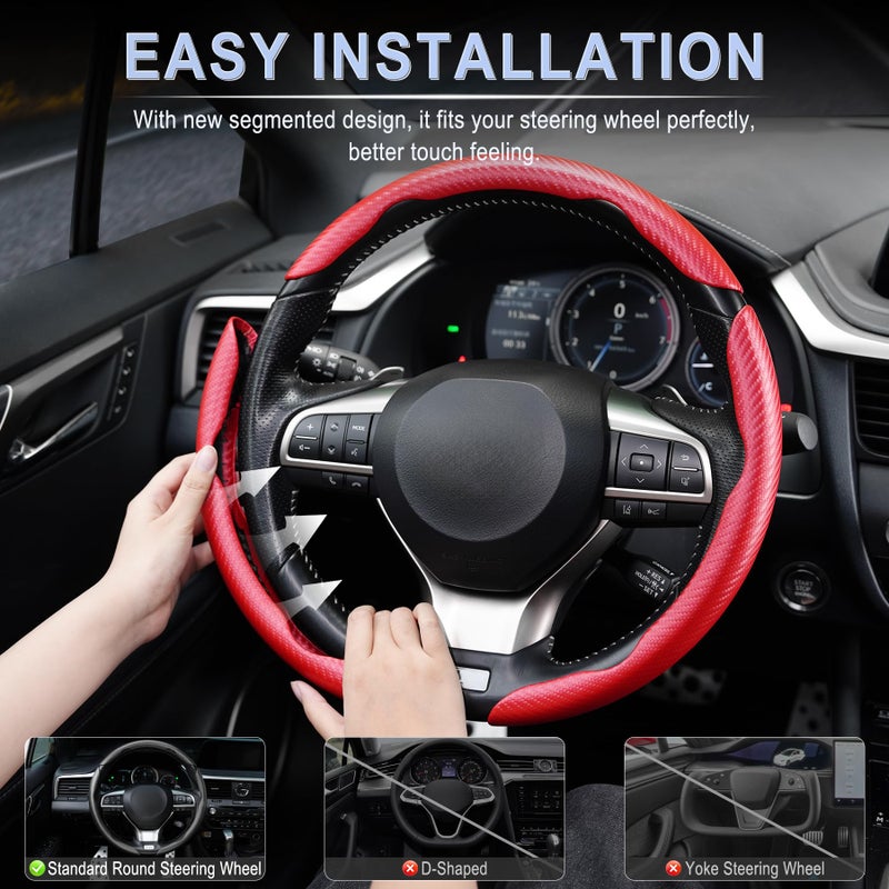 Amiss 3pcs Carbon Fiber Anti-Skid Steering Wheel Cover, Waterproof & Segmented Butterfly Design, Universal 99% Vehicle Wheel Cover Protector, Car Interior Accessories, Red - Image 5