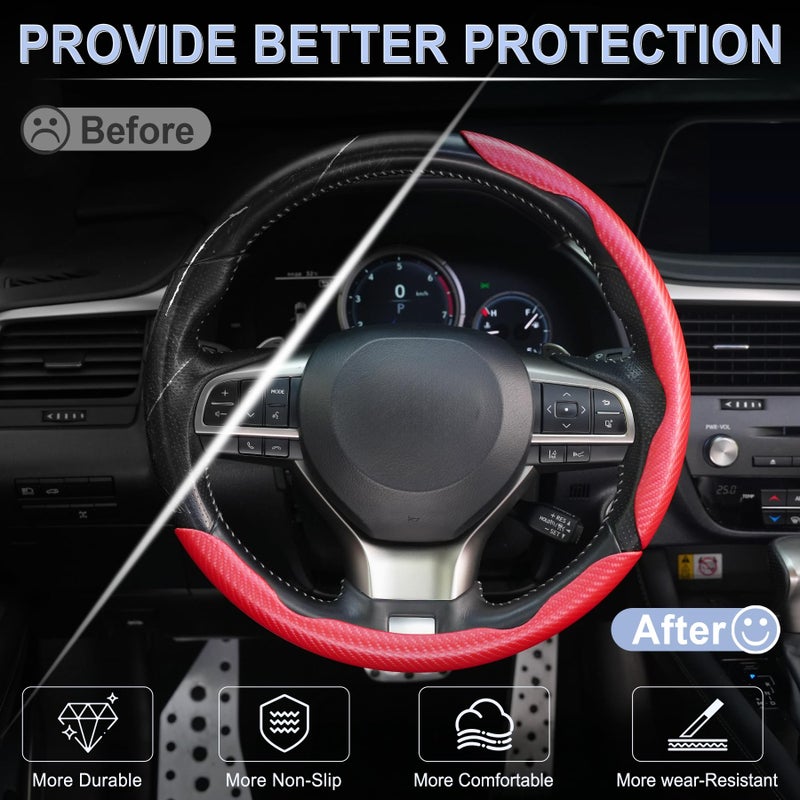 Amiss 3pcs Carbon Fiber Anti-Skid Steering Wheel Cover, Waterproof & Segmented Butterfly Design, Universal 99% Vehicle Wheel Cover Protector, Car Interior Accessories, Red - Image 4