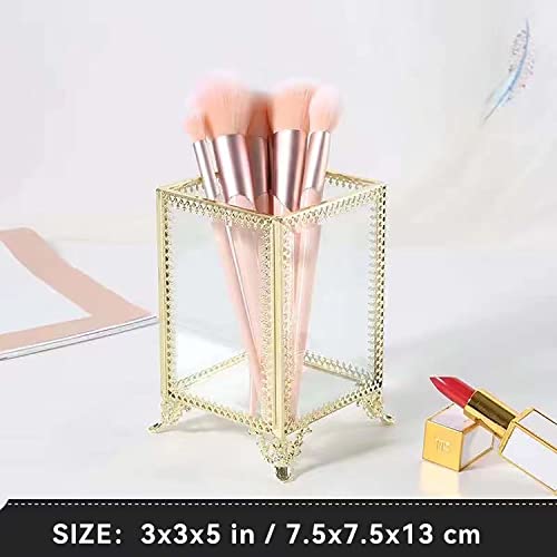 HKS Makeup Brush Holder Vintage Glass Handmade Organizer with Pink Pearls for Nail Brush, Vanity, Bathroom, Dresser, Countertop - Gold - Image 2