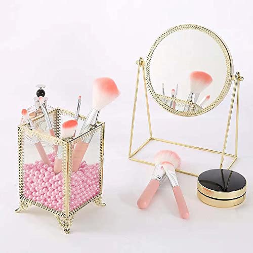 HKS Makeup Brush Holder Vintage Glass Handmade Organizer with Pink Pearls for Nail Brush, Vanity, Bathroom, Dresser, Countertop - Gold - Image 5