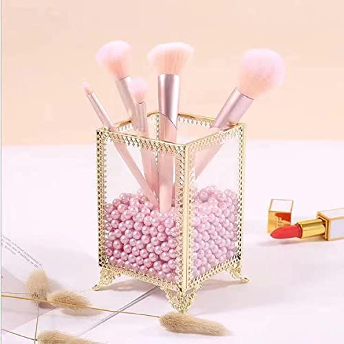 HKS Makeup Brush Holder Vintage Glass Handmade Organizer with Pink Pearls for Nail Brush, Vanity, Bathroom, Dresser, Countertop - Gold - Image 1
