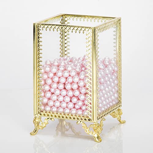 HKS Makeup Brush Holder Vintage Glass Handmade Organizer with Pink Pearls for Nail Brush, Vanity, Bathroom, Dresser, Countertop - Gold - Image 3