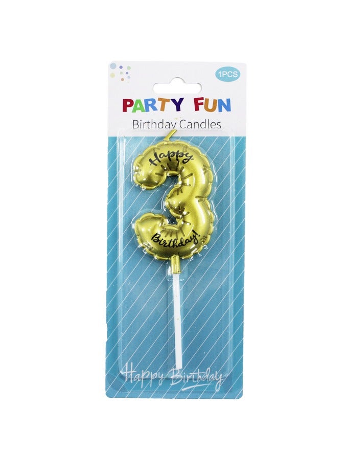 PARTY FUN Cake Topper Happy Birthday Number Candle 6cm - Golden No. 3
