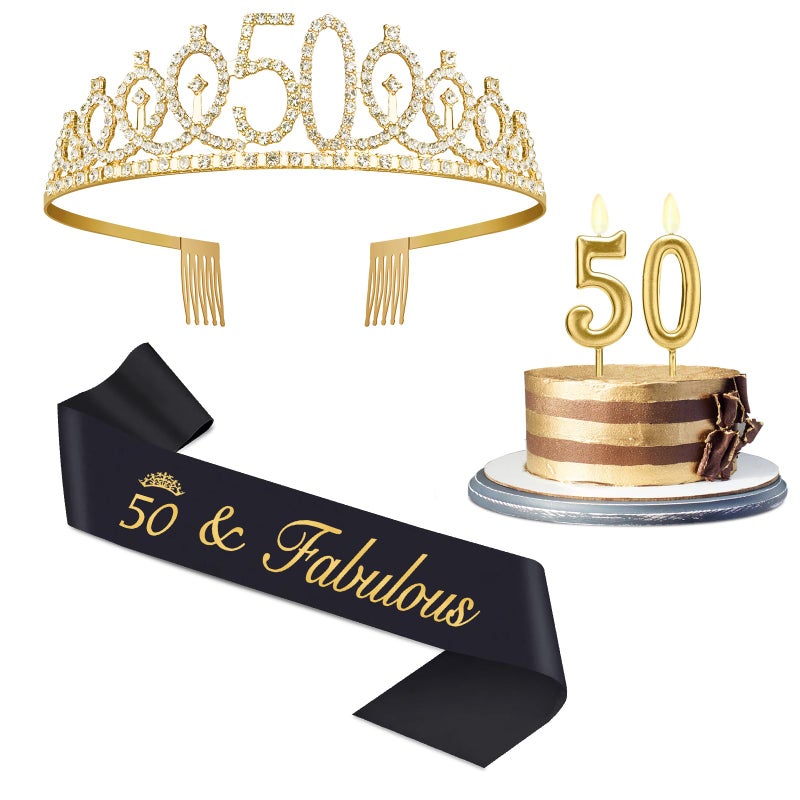 Juesly 50th Birthday Decorations for Women with Crown, Sash, Candles for Womens 50th Birthday Decorations Gold and Black - Image 1
