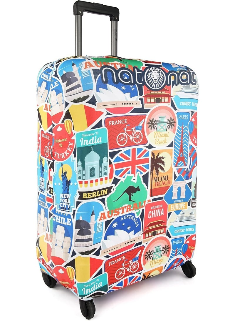 natOnat Travel Luggage Cover Protector - Suitcase Cover with Coloured Pattern- Stretchy, Washable Spandex & Polyester - Protects Against Dirt & Scratches - Travel Stickers Design - Fits 58-63 CM Height ( Medium ) - Image 3
