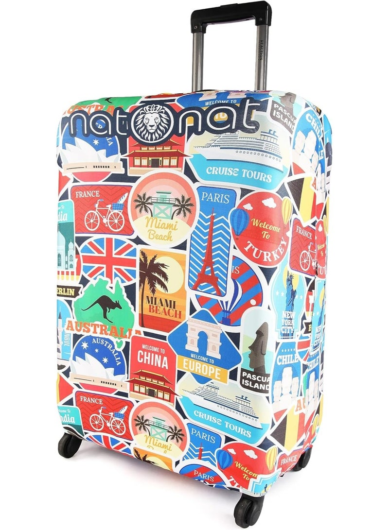 natOnat Travel Luggage Cover Protector - Suitcase Cover with Coloured Pattern- Stretchy, Washable Spandex & Polyester - Protects Against Dirt & Scratches - Travel Stickers Design - Fits 58-63 CM Height ( Medium ) - Image 2