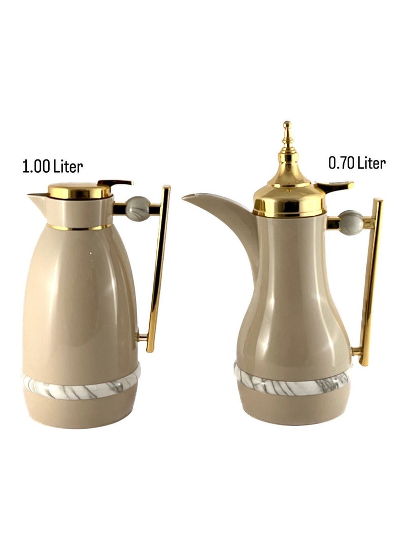 Homemaker 2-Piece Tea & Coffee Flask - 0.7 Liter & 1 Liter Capacity - Glass Inner - ABS Body - Light Coffee & Gold - Image 1