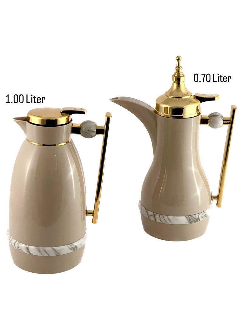 Homemaker 2-Piece Tea & Coffee Flask - 0.7 Liter & 1 Liter Capacity - Glass Inner - ABS Body - Light Coffee & Gold - Image 2