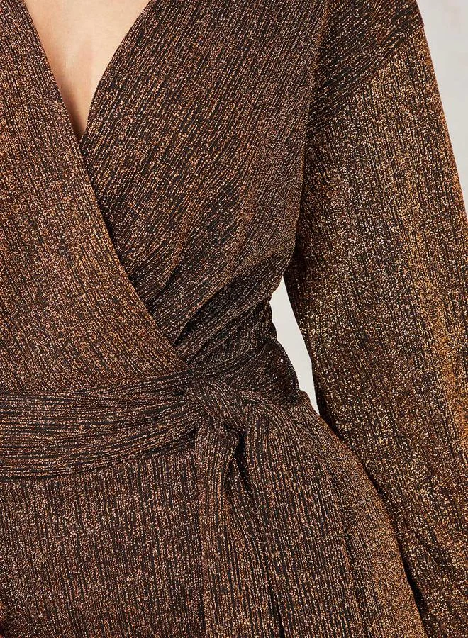 Styli Long Sleeves Sweetheart Neck Glitter Wrap Midi Dress