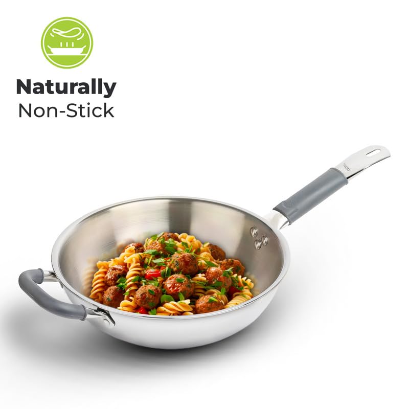 Allo Triply Stainless Steel Wok for Deep Fry/Stir Fry/Dry Veg/Sauté/Chinese Wok Cooking/Noodles Induction Friendly Naturally Non-Stick | 10 Years Warranty, 26Cm, 3.7 Litre - Image 4