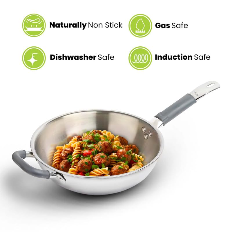 Allo Triply Stainless Steel Wok for Deep Fry/Stir Fry/Dry Veg/Sauté/Chinese Wok Cooking/Noodles Induction Friendly Naturally Non-Stick | 10 Years Warranty, 26Cm, 3.7 Litre - Image 3