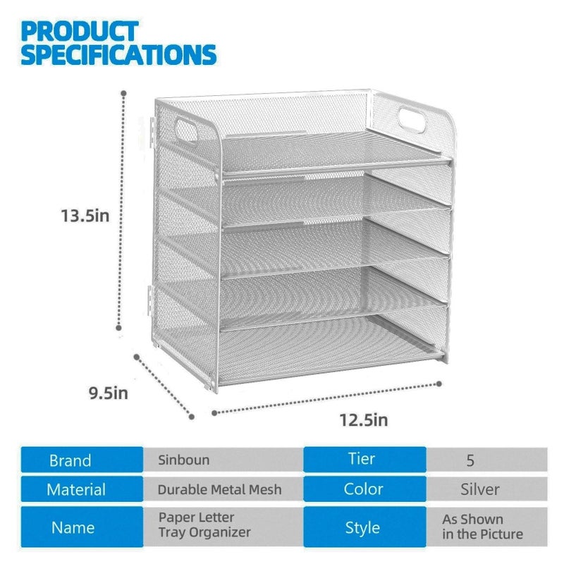 Sinboun Letter Tray Paper Organizer 5-Tier Desk Organizer File Organizer Paper Holder with Handle, Metal Desktop Document Shelf Tray Office Classroom Organization - Silver - Image 2