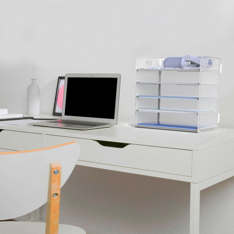 Sinboun Letter Tray Paper Organizer 5-Tier Desk Organizer File Organizer Paper Holder with Handle, Metal Desktop Document Shelf Tray Office Classroom Organization - Silver - Image 5