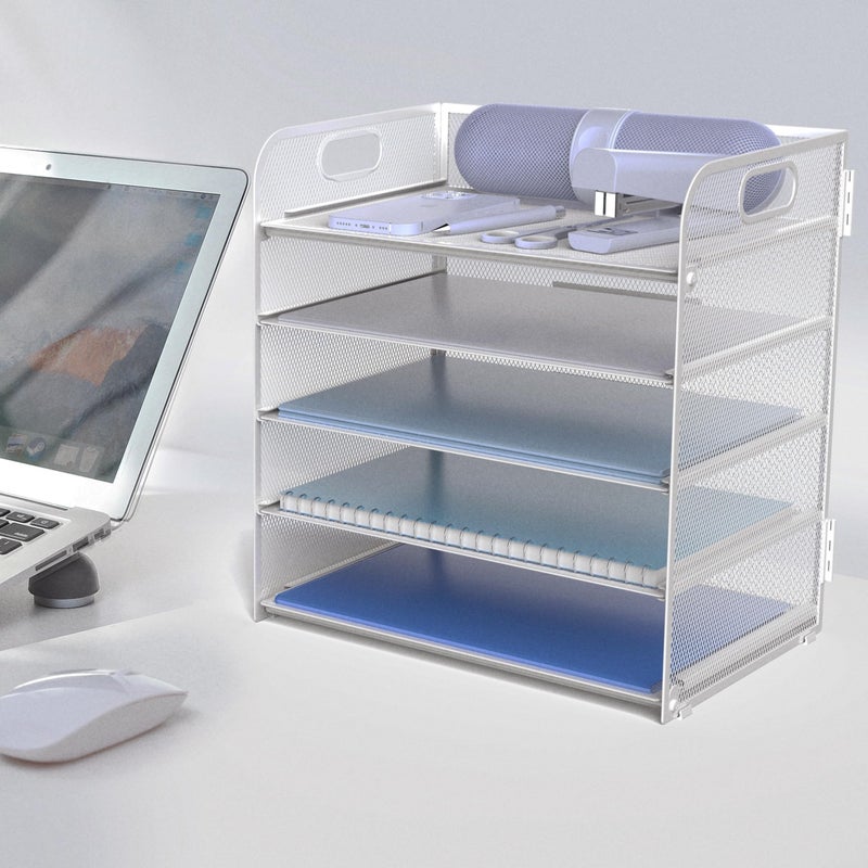 Sinboun Letter Tray Paper Organizer 5-Tier Desk Organizer File Organizer Paper Holder with Handle, Metal Desktop Document Shelf Tray Office Classroom Organization - Silver - Image 4