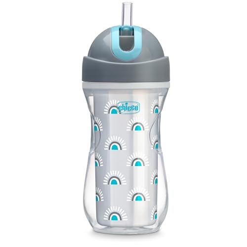 Chicco Insulated Straw Sippy Cup 12 Months 9oz Toddler Training Cup with SpillFree FlipTop Lid BPAFree 2Pack SilverBlue Sunburst - Image 1