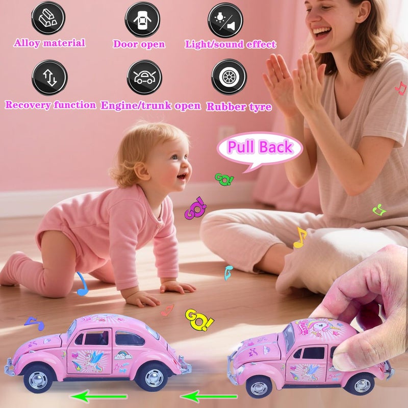 wagkew Girls Car Toy, Beetle Model 1:36 Alloy Metal Diecast Classic Vehicle Model Toy, Unicorn Car Pull Back Model Collection Gift Ornament for Kids Aldult(Pink) - Image 5