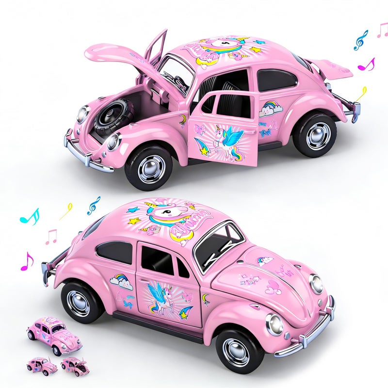 wagkew Girls Car Toy, Beetle Model 1:36 Alloy Metal Diecast Classic Vehicle Model Toy, Unicorn Car Pull Back Model Collection Gift Ornament for Kids Aldult(Pink) - Image 1