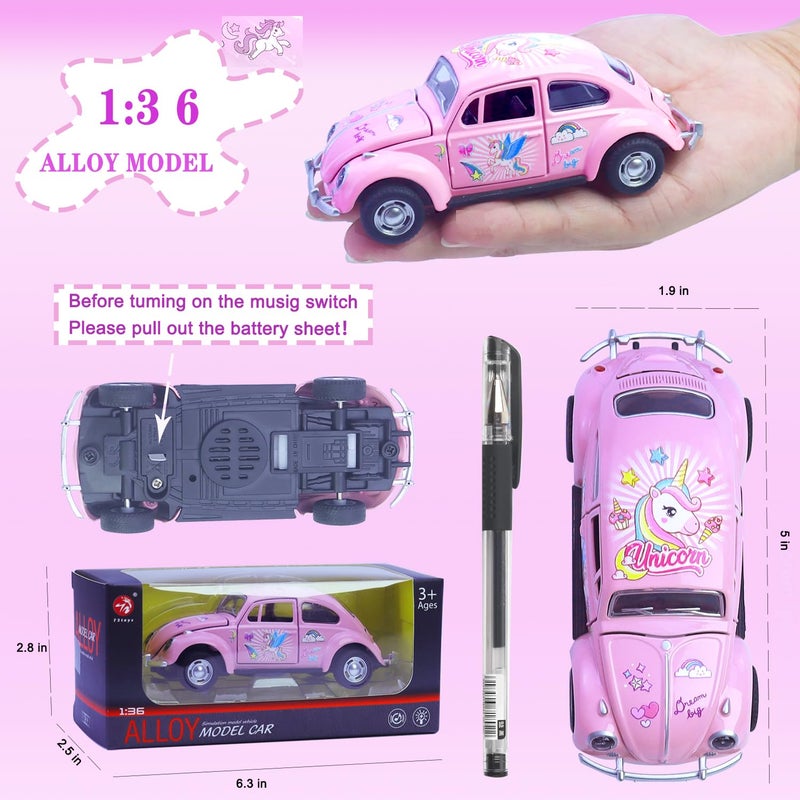 wagkew Girls Car Toy, Beetle Model 1:36 Alloy Metal Diecast Classic Vehicle Model Toy, Unicorn Car Pull Back Model Collection Gift Ornament for Kids Aldult(Pink) - Image 3