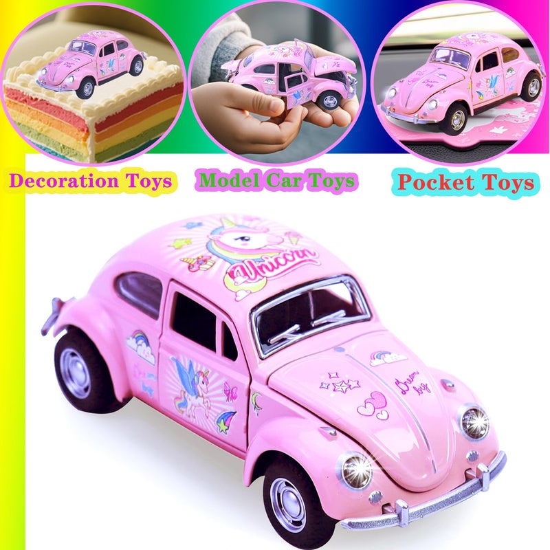 wagkew Girls Car Toy, Beetle Model 1:36 Alloy Metal Diecast Classic Vehicle Model Toy, Unicorn Car Pull Back Model Collection Gift Ornament for Kids Aldult(Pink) - Image 2