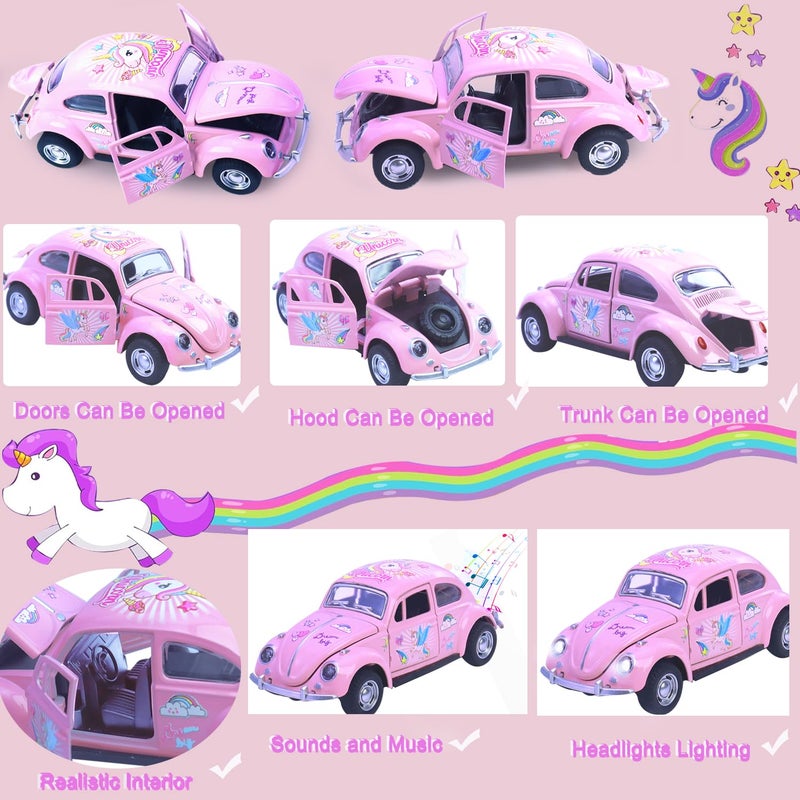 wagkew Girls Car Toy, Beetle Model 1:36 Alloy Metal Diecast Classic Vehicle Model Toy, Unicorn Car Pull Back Model Collection Gift Ornament for Kids Aldult(Pink) - Image 4