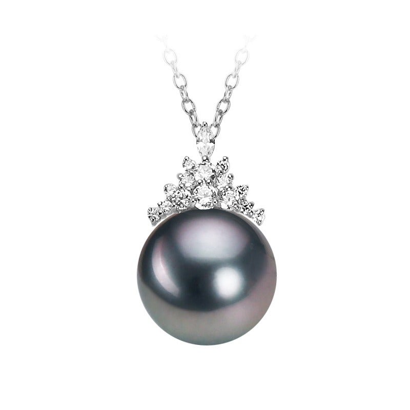 Meijia Tahitian Black Pearl Pendant Necklace 18K Gold / S925 Silver Snow Queen Design 10mm Round Pearl Elegant Women's Jewelry