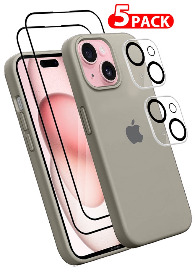 CATANES - 5 Packs For iPhone 15 Plus Case 2 Screen Protectors and 2 Camera Lens Protectors Upgrade Defender Silicone Cover Shockproof Anti-Scratch Protective Phone Case Grey - Image 1