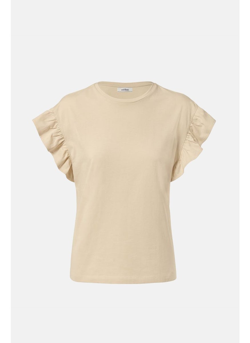Tchibo - Women Crew Neck Flutter Sleeve Plain Top, Beige - Image 1