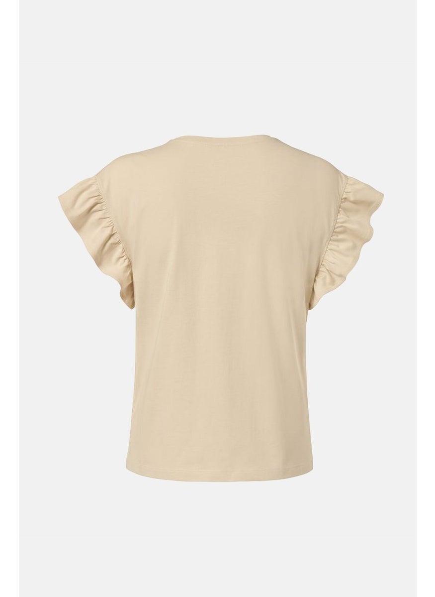 Tchibo - Women Crew Neck Flutter Sleeve Plain Top, Beige - Image 1