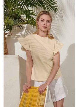 Women Crew Neck Flutter Sleeve Plain Top, Beige