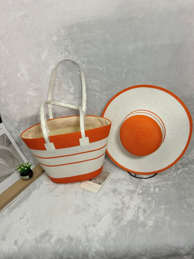 Style Straw Bag Mori Style Woven Shoulder Bag Hat Set Summer Outdoor Travel Holiday Beach Tote Bag - Image 5