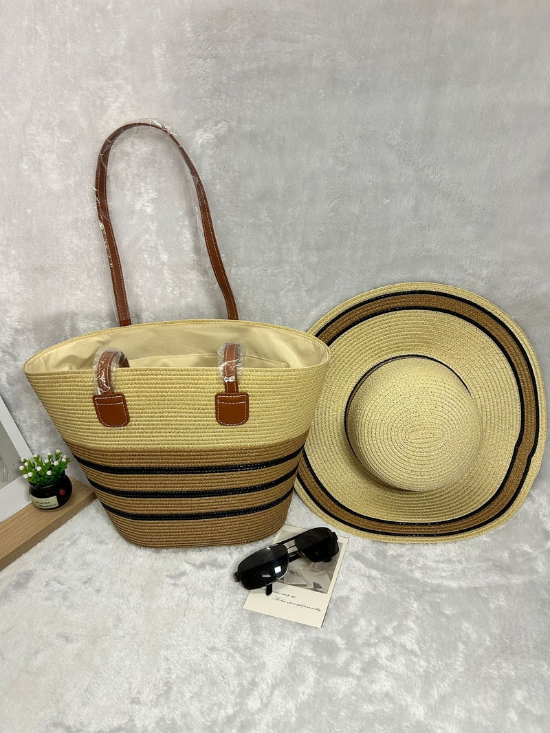 Style Straw Bag Mori Style Woven Shoulder Bag Hat Set Summer Outdoor Travel Holiday Beach Tote Bag - Image 3