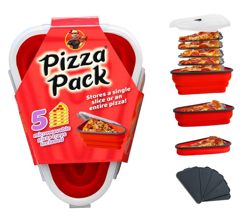 PIZZA PACK The Perfect Pizza Packâ„¢ - Reusable Pizza Storage Container with 5 Microwavable Serving Trays - BPA-Free Adjustable Pizza Slice Container to Organize & Save Space, Red - Image 1