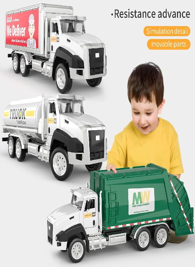 TEMI TEMI 3 Pack of Diecast City Transport Vehicles, Garbage Truck, Tanker Truck, Express Delivery Truck, 1/50 Scale Metal Collectible Model Cars, Pull Back Car Toys with Opening Doors for Boys and Girls  - Image 3