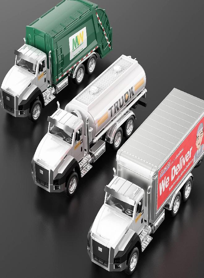 TEMI TEMI 3 Pack of Diecast City Transport Vehicles, Garbage Truck, Tanker Truck, Express Delivery Truck, 1/50 Scale Metal Collectible Model Cars, Pull Back Car Toys with Opening Doors for Boys and Girls  - Image 4