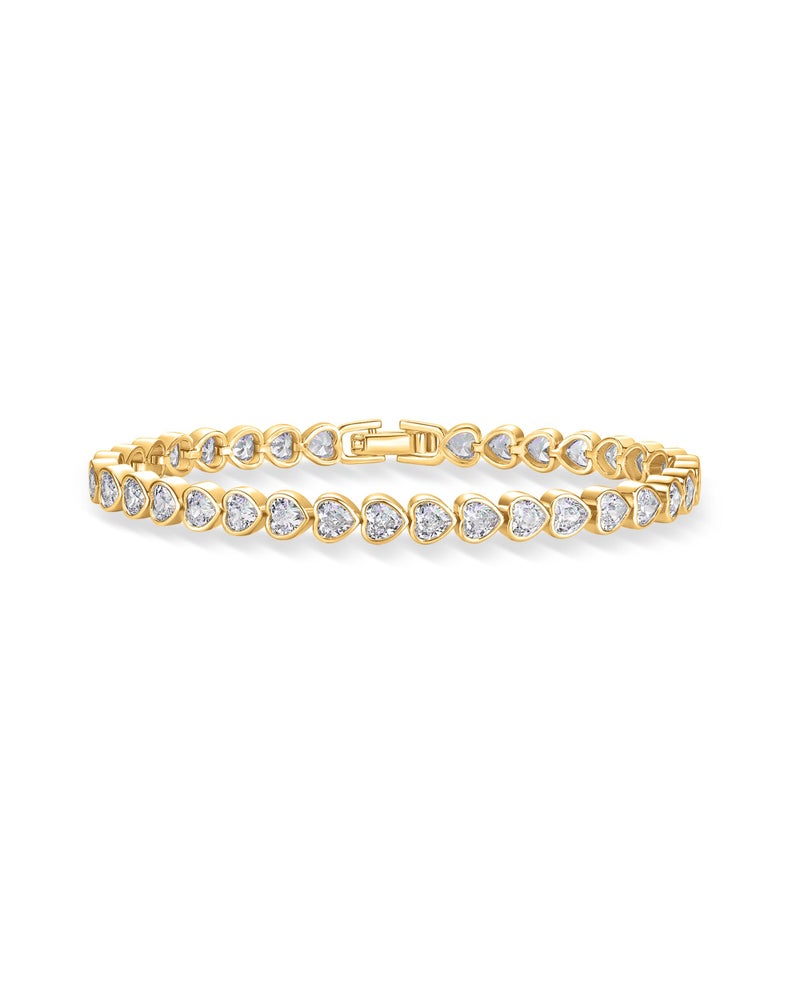 PAVOI 14K Yellow Gold Plated Simulated Diamonds Bezel Set Tennis Bracelets for Women - Cubic Zirconia Stones Valentines Day Love Heart Statement Bride Gold Bracelet Stack - Size 6.5" - Image 1