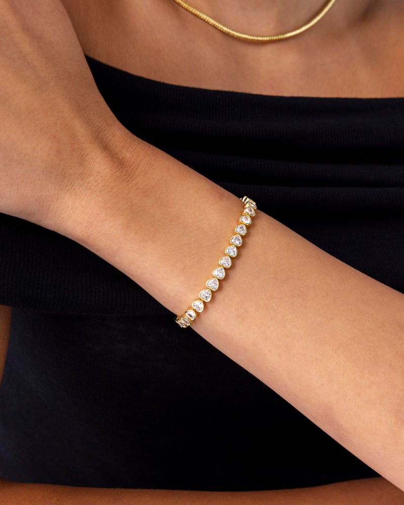 PAVOI 14K Yellow Gold Plated Simulated Diamonds Bezel Set Tennis Bracelets for Women - Cubic Zirconia Stones Valentines Day Love Heart Statement Bride Gold Bracelet Stack - Size 6.5" - Image 2