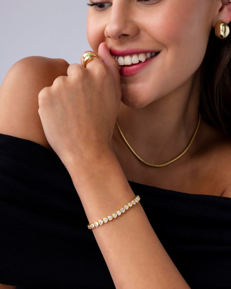 PAVOI 14K Yellow Gold Plated Simulated Diamonds Bezel Set Tennis Bracelets for Women - Cubic Zirconia Stones Valentines Day Love Heart Statement Bride Gold Bracelet Stack - Size 6.5" - Image 3