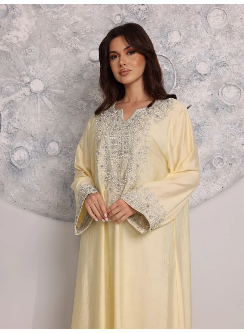 IKKXA  IKKXA Regal Silver Threaded Jalabiya IK6043 Yellow for Women | Best Price UAE