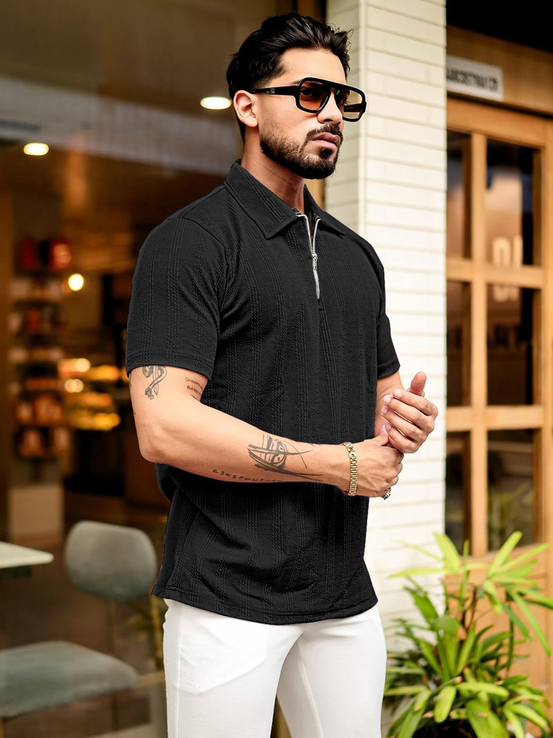 KAJARU Men's 95% Polyster 5% Cotton Regular Fit Polo T-Shirt with Short Sleeve and Zipper as Closure (POLO-8015-BLACK-XXL) - Image 3